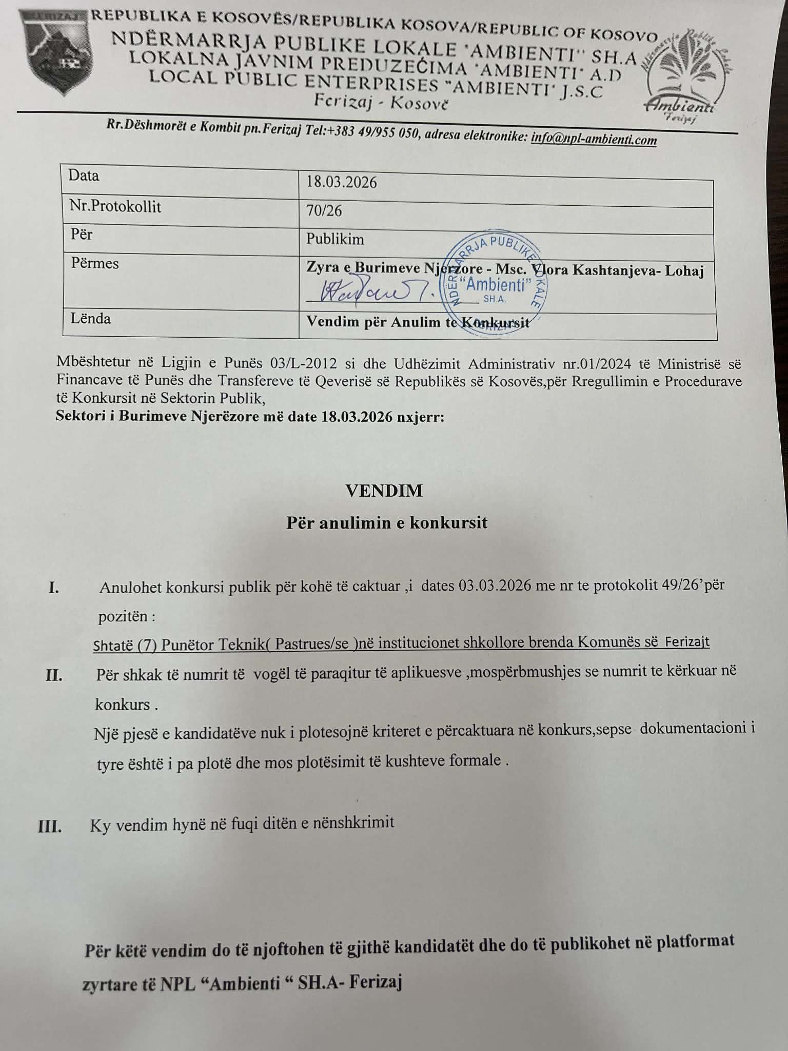 Vendim per Anulim Konkursi