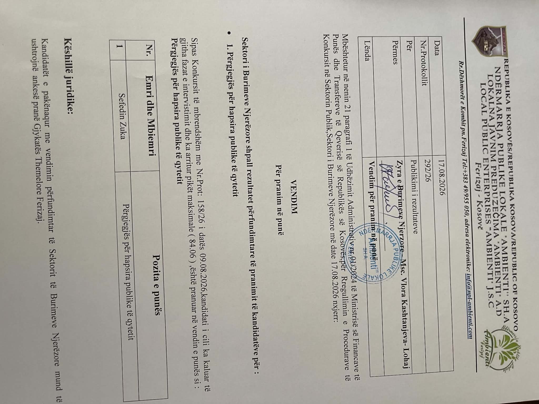 VENDIM PER PRANIM NE PUNE
