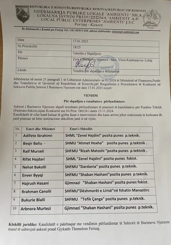 Vendim per Shpalljen e Rezultateve