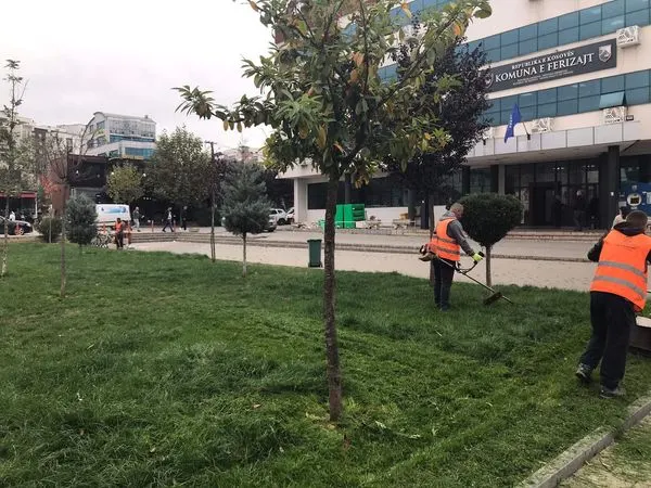 👷🏻‍♂️ Mirëmbajtja e hapësirave gjelbëruese, përball Komunës së Ferizajt dhe pjesët tjera të qytetit.