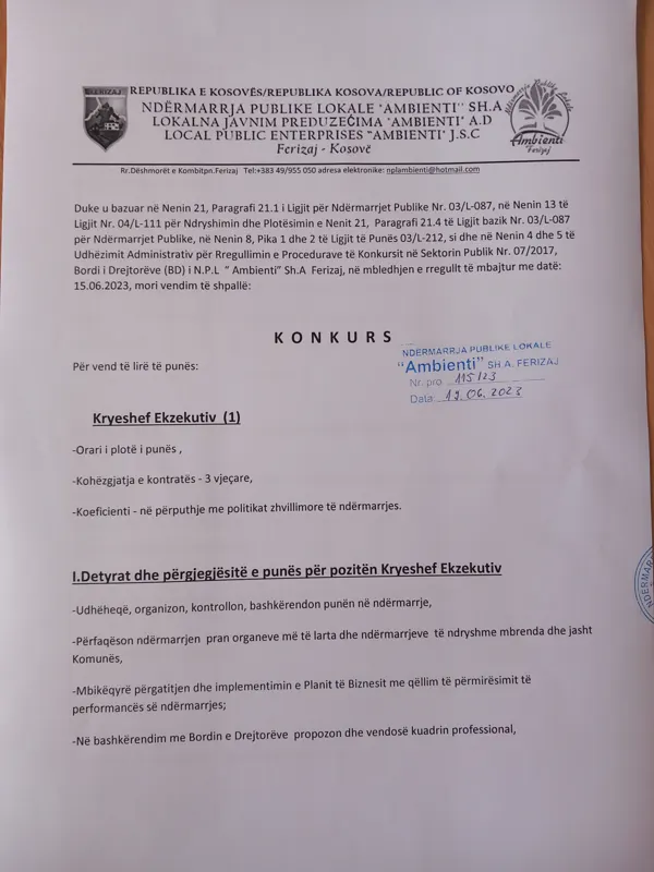 Konkurs për Kryeshef Ekzekutiv