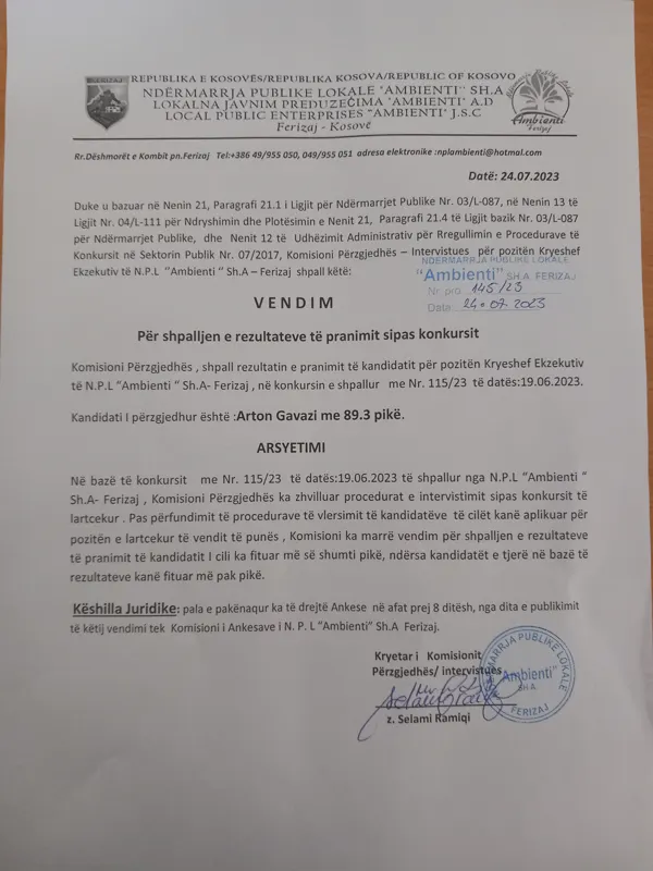 Vendim për shpalljen e rezultateve të pranimit sipas konkursit ,për Kryeshef Ekzekutiv .