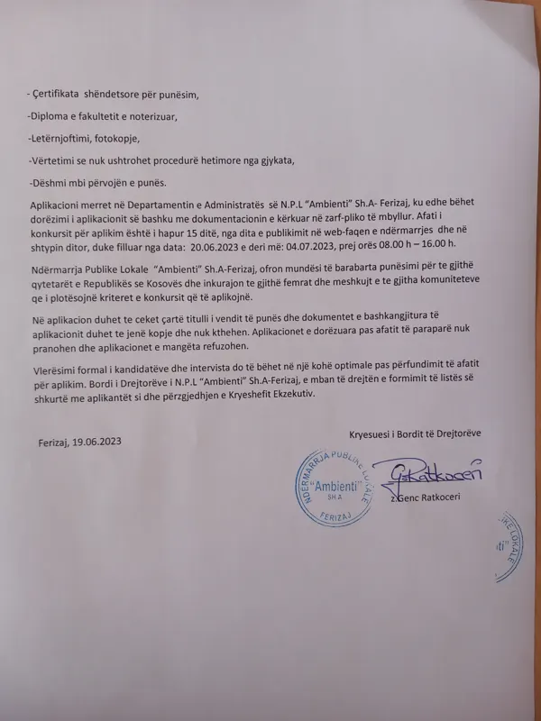 Konkurs për Kryeshef Ekzekutiv