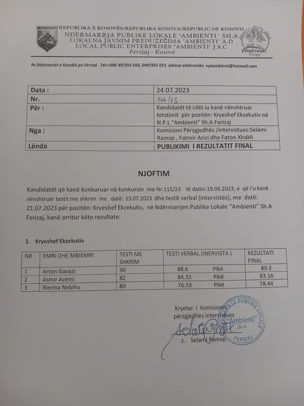 Njoftim për kandidatët të cilët iu kanë nënshtruar testimit për pozitën: Kryeshef Ekzekutiv .