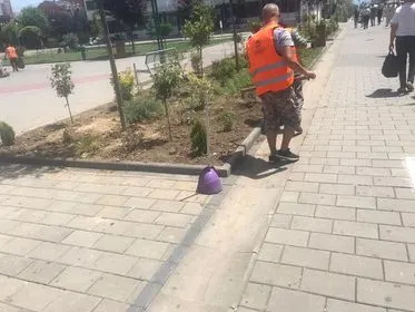 Mihja e tokës dhe ujitja e drunjëve dekorativ  në sheshin e qytetit. 🍀