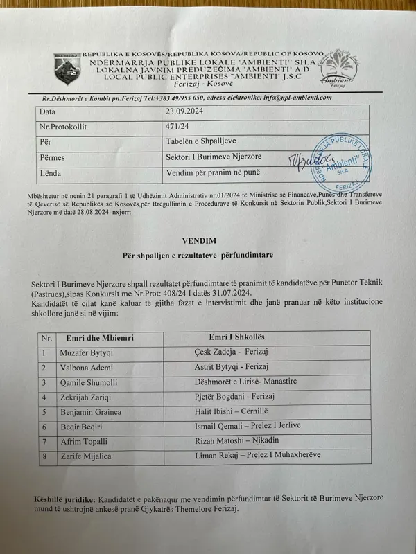 Vendim per shpalljen e rezultateve perfundimtare