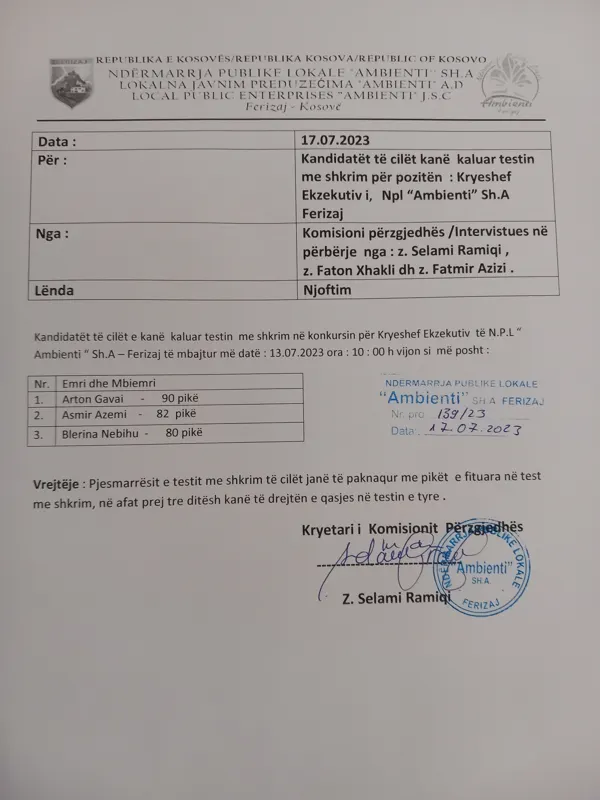 Njoftim për kandidatët të cilët kanë kaluar testin me shkrim për pozitën Kryeshef Ekzekutiv .